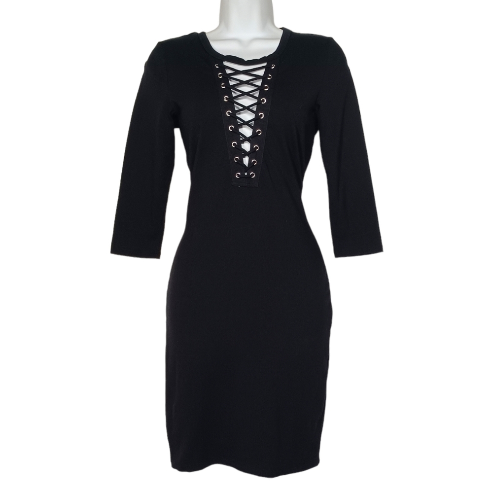 FOREVER 21 Lace Up V-Neck Stretchy Black Bodycon Dress Small